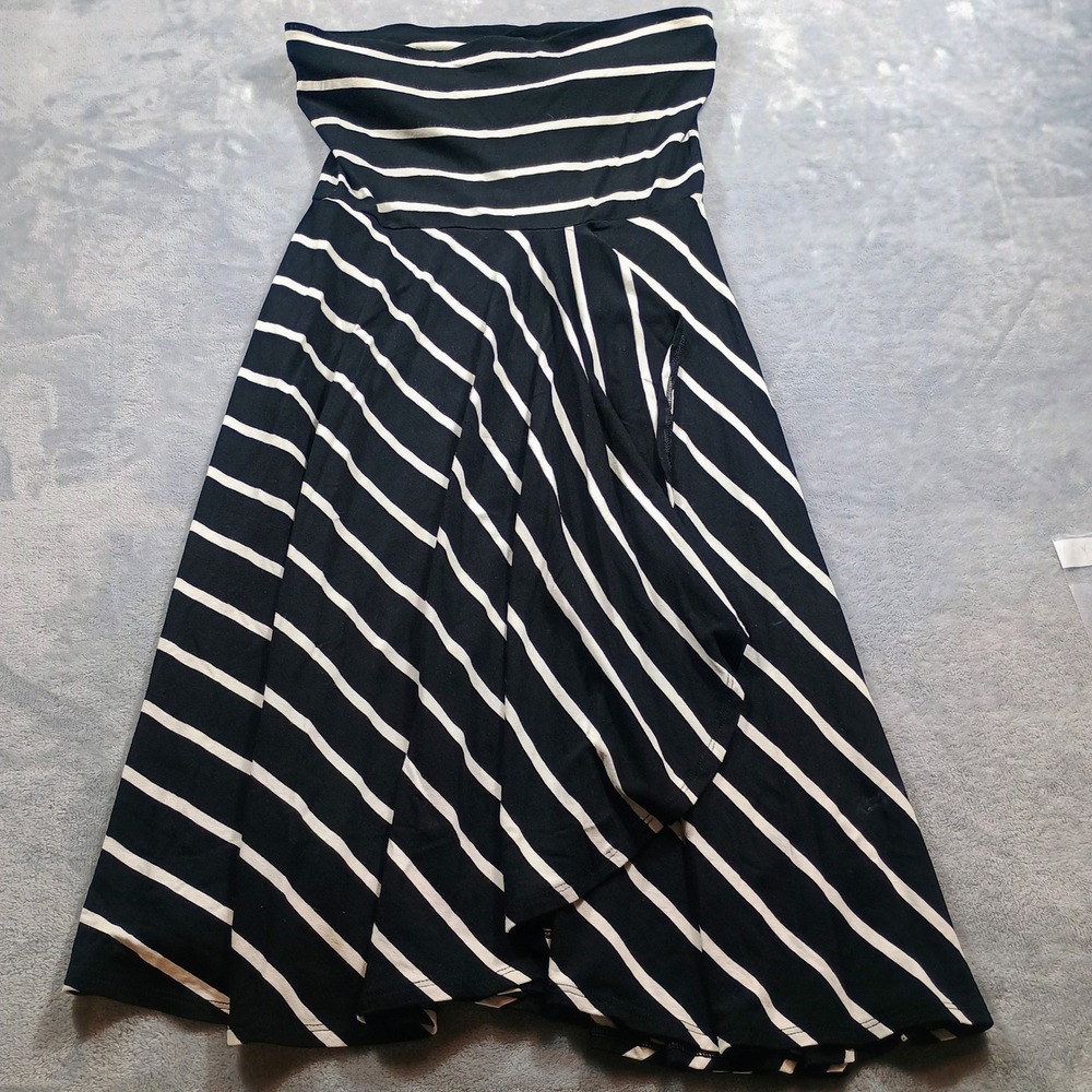 Ann Taylor Women Strapless Striped Midi Dress‎ Black White XS Draped Front